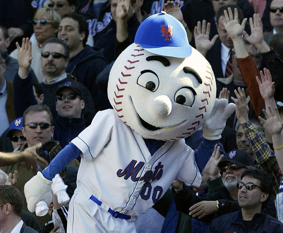 <p>New York Mets mascot Mr. Met reacts with the crowd during the Mets home opener against the Houston Astros on April 11, 2005, at Shea Stadium in New York. New York's beloved mascot flashed an upraised middle finger at a fan during Wednesday night's 7-1 loss to the Milwaukee Brewers, and the employee will not work for the Mets again.(AP Photo/Gregory Bull, File)</p>