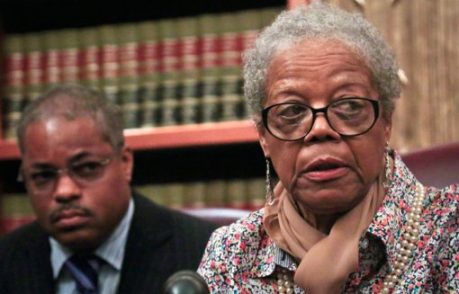 Alma Murdough, mother of marine Jerome Murdough who was found dead in a 100-degree cell on Rikers Island, speaks at a press conference on May 16, 2014 in New York. Her attorney, Derek Sells, plans to file a $25 million wrongful death lawsuit against the city. (Bebeto Matthews/Associated Press)