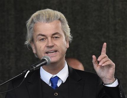 FILE - In this April 13, 2015 file photo Dutch anti-Islam lawmaker Geert Wilders  as he speaks at a rally of so-called 'Patriotic Europeans against the Islamization of the West' (PEGIDA) in Dresden, Germany. Geert Wilders says on Wednesday, June 3, 2015 he plans to show cartoons of the Prophet Muhammad on Dutch television airtime reserved for political parties after Parliament refused to display them, in a move likely to deeply offend Muslims. (AP Photo/Jens Meyer, File)