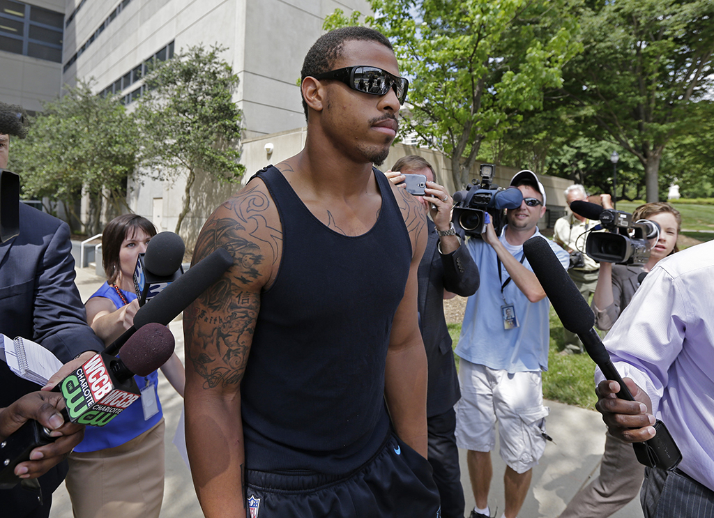 In this May 14, 2014, file photo, Dallas Cowboy NFL football defensive end Greg Hardy leaves the Mecklenburg County jail after being released on bond in Charlotte, N.C. (AP Photo/File)