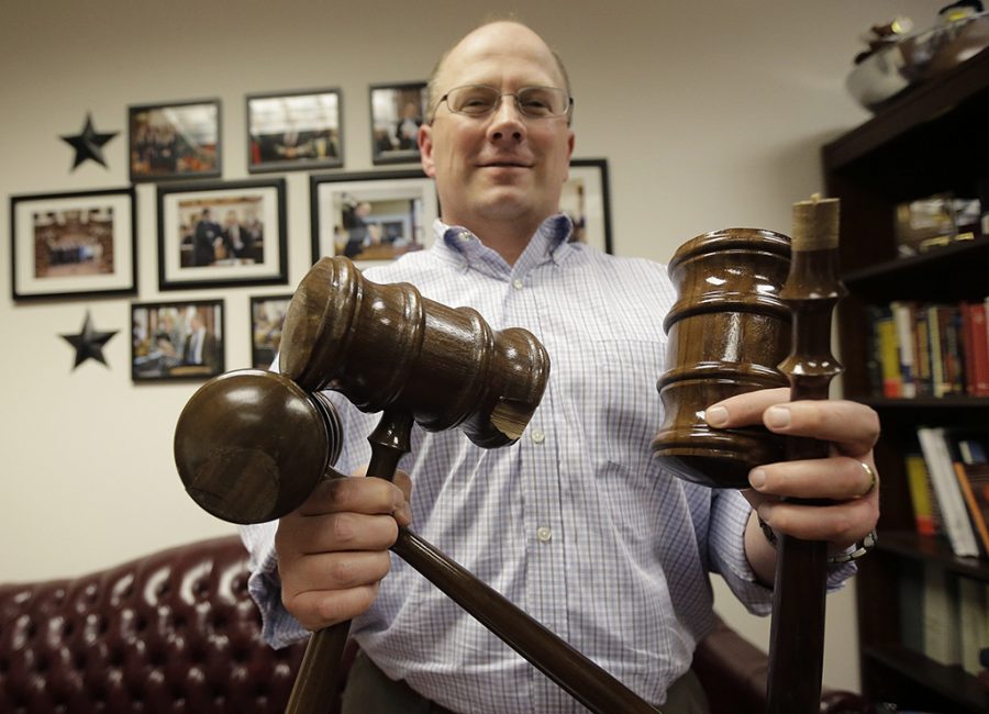 Texas Rep. Kenneth Sheets, R-Dallas, poses with three of the six solid, mahogany gavels he broke during the legislative session this year, Monday, June 1, 2015, in Austin, Texas. At 5-feet-5-inches, Sheets is one of the smallest members of the Texas Legislature, but hes broken six solid, mahogany gavels crafted by Texas prison inmates this session alone, outpacing any other lawmaker. (AP Photo/Eric Gay)