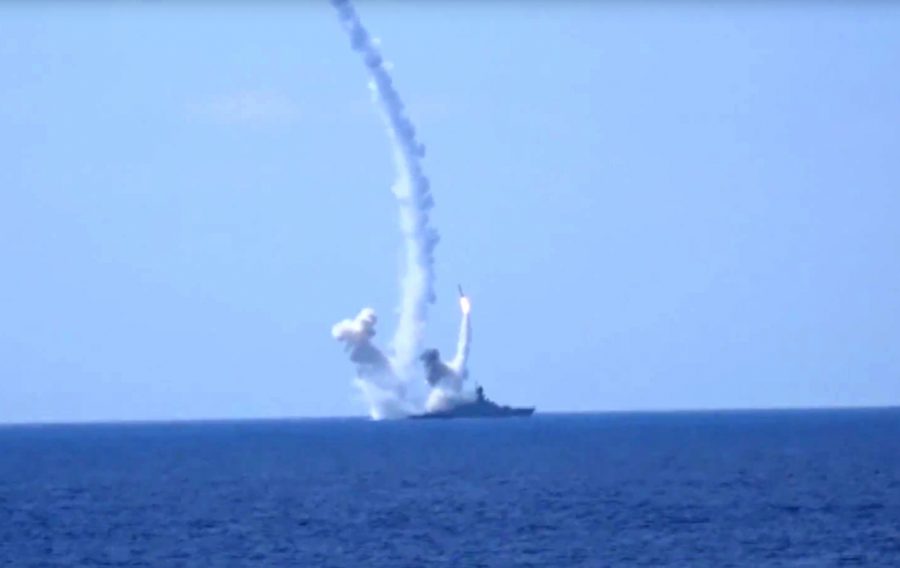 FILE- In this Aug. 2016 photo provided by Russian Defense Ministry press service, long-range Kalibr cruise missiles are launched by a Russian Navy ship in the eastern Mediterranean.
