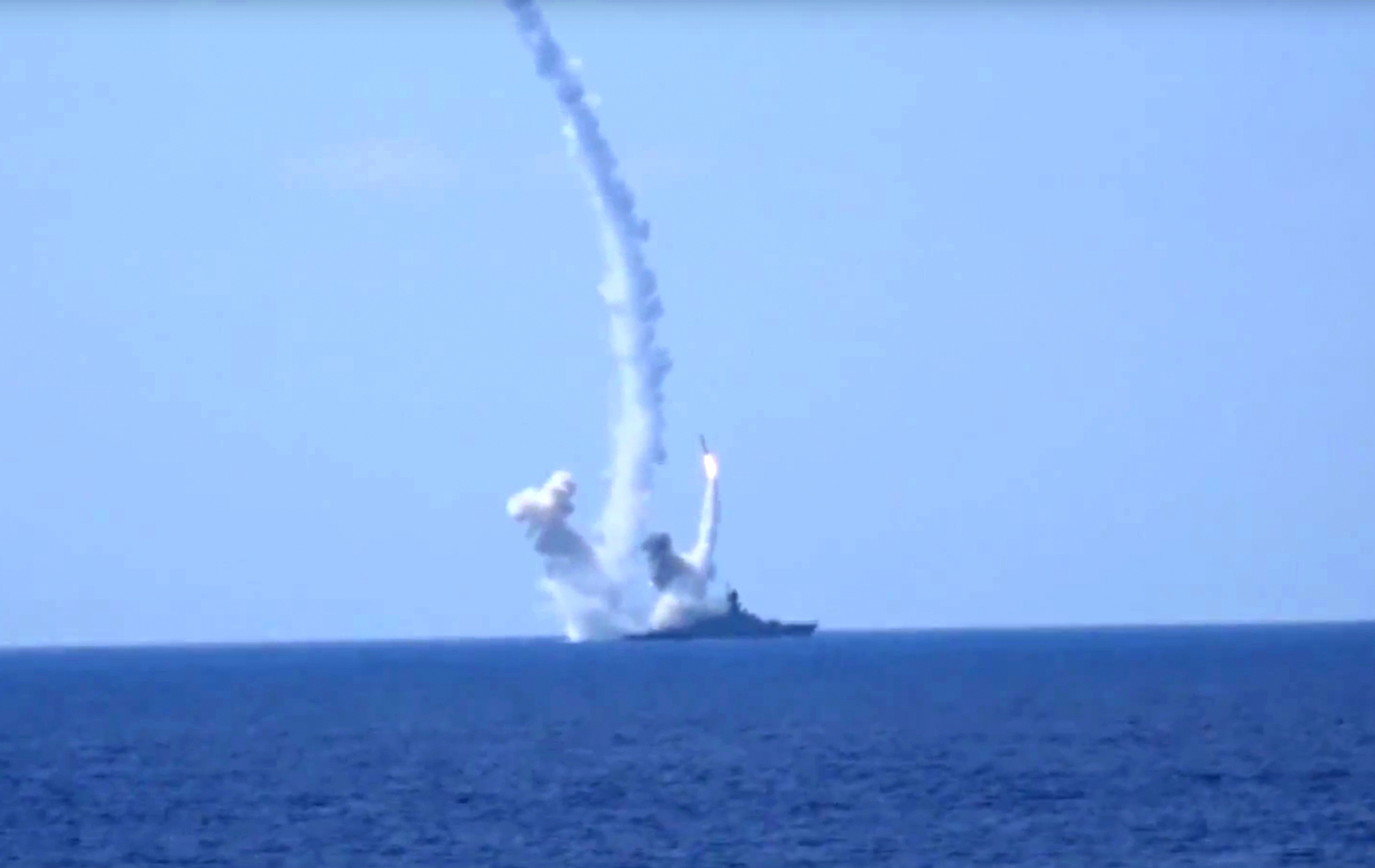 <p>FILE- In this Aug. 2016 photo provided by Russian Defense Ministry press service, long-range Kalibr cruise missiles are launched by a Russian Navy ship in the eastern Mediterranean.</p>