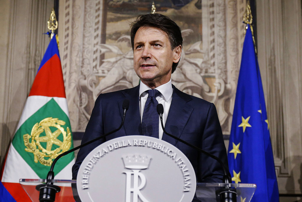 Giuseppe Conte addresses the media at the Quirinale presidential palace in Rome, on May 31, 2018. Italy’s president has tapped law professor Giuseppe Conte to be Italy’s next premier heading Italy’s first populist government.