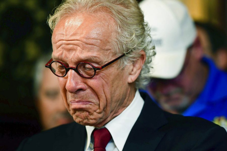 Attorney Jeff Anderson is overcome with emotion during a press conference detailing the settlement reached between clergy sexual abuse victims and the Archdiocese of St. Paul and Minneapolis, at his office on Thursday, May 31, 2018, in St. Paul, Minn. (Aaron Lavinsky/Star Tribune via AP)