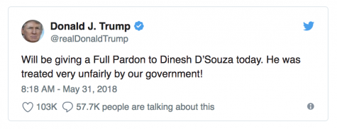 @realdonaldtrump: Will be giving a Full Pardon to Dinesh D’Souza today. He was treated very unfairly by our government!