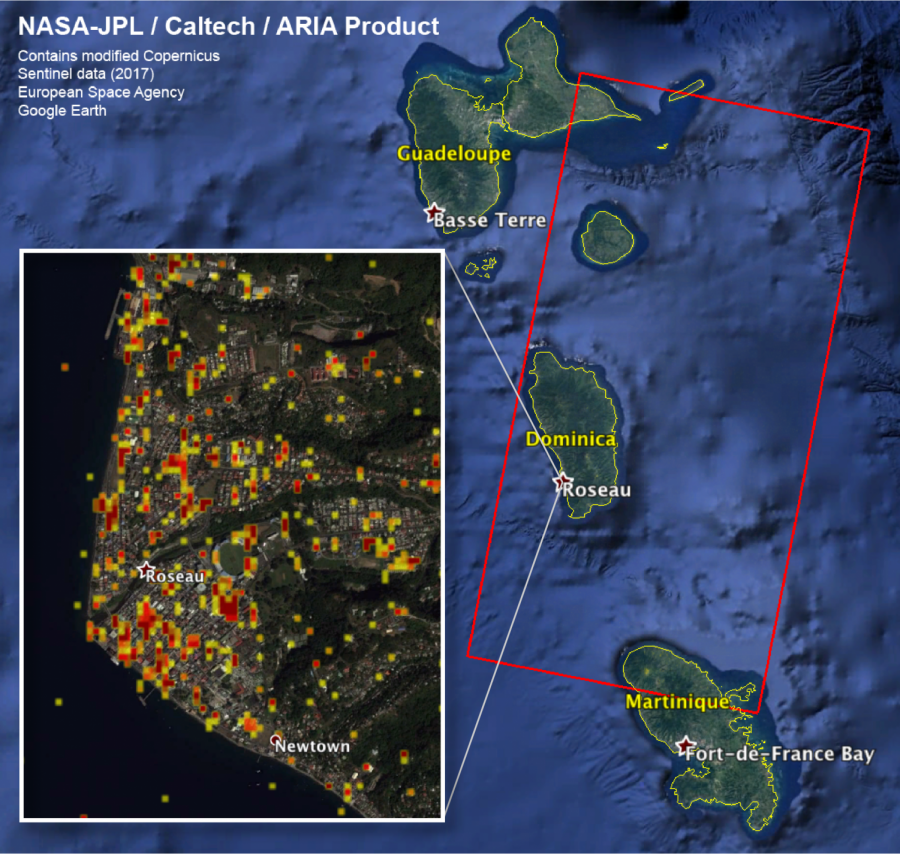 NASA/JPL-Caltech-produced map of damage in and around San Juan, Puerto Rico (orange inset box) from Hurricane Maria, based on ground and building surface changes detected by ESA satellites. Color variations from yellow to red indicate increasingly more significant ground and building surface change.
