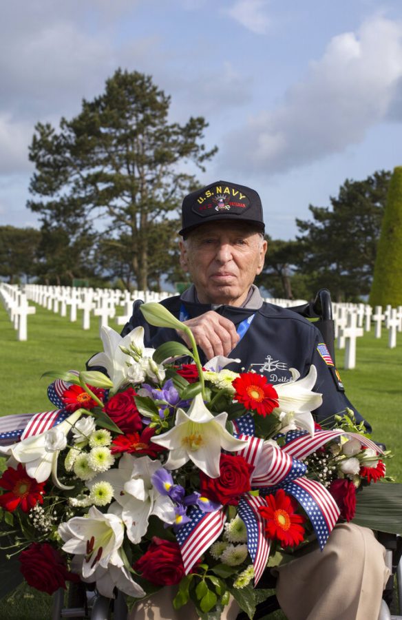 CAPTION CORRECTS SPELLING OF VETERAN'S SURNAME TO DEITCH United States World War II veteran Jerry Deitch, from Nevada, poses at Normandy American Cemetery in Colleville-sur-Mer, Normandy, France, Monday, June 3, 2019. In ever dwindling numbers, and perhaps for the last time, D-Day vets are answering the call to return to Normandy for the 75th anniversary of the June 6, 1944 landings. (AP Photo/Rafael Yaghobzadeh)