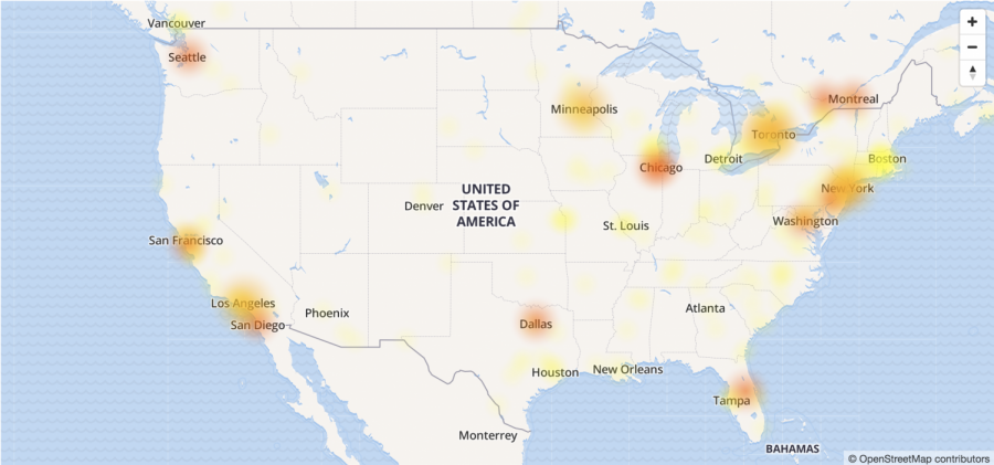 Map of the U.S. showing cities where Snapchat was down for users.