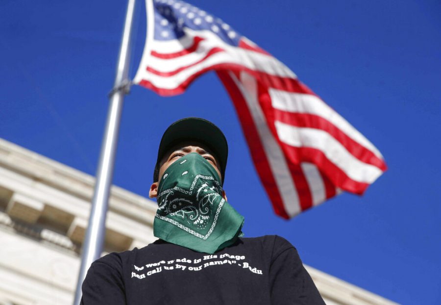 Protestor underneath the American flag.