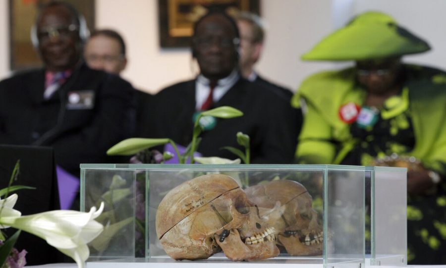 Skulls displayed at a devotion for tribes of Namibia.
