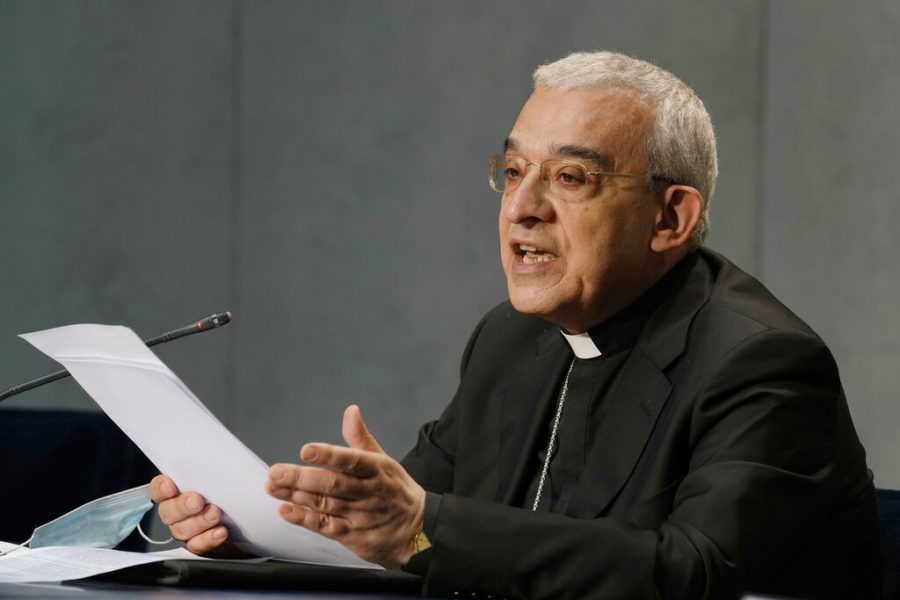 Mons. Filippo Iannone speaks during a press conference to illustrate changes in the Churchs Canon law, at the Vatican, Tuesday, June 1, 2021. Pope Francis has changed church law to explicitly criminalize the sexual abuse of adults by priests who abuse their authority and to say that laypeople who hold church office can be sanctioned for similar sex crimes. (AP Photo/Andrew Medichini)