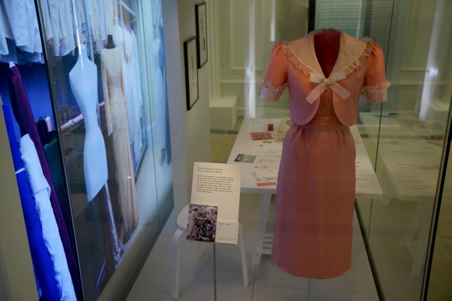 A dress and jacket that Princess Diana changed into on her wedding day made by designer David Sassoon is displayed during a media preview for the Royal Style in the Making exhibition.