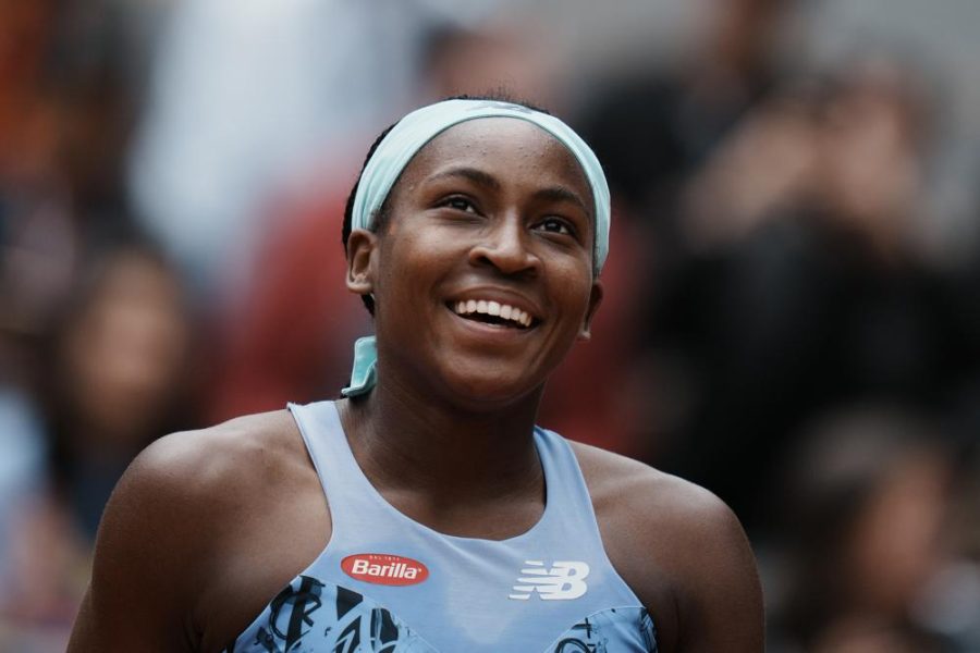 Coco Gauff of the U.S. celebrates winning against Belgiums Elise Mertens in two sets, 6-4, 6-0, during their fourth round match at the French Open tennis tournament in Roland Garros stadium in Paris, France, May 29.