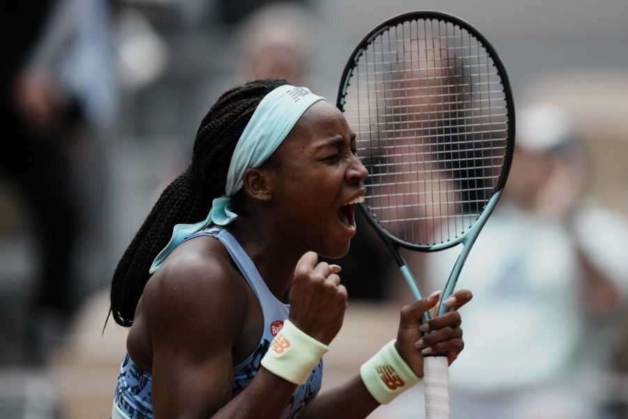 U.S tennis player Coco Gauff celebrates her winning moment against Belgiums Elise Mertens in two sets, 6-4, 6-0, during their fourth round match at the French Open tennis tournament in Roland Garros stadium in Paris, France on May 29, 2022.
