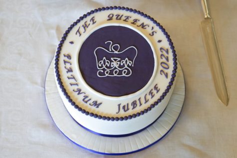 A cake to celebrate the start of Britain's Queen Elizabeth's Platinum Jubilee, at a reception she held for representatives from local community groups.