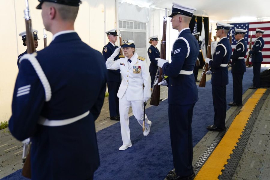 Adm. Linda Fagan arrives for a change of command ceremony at U.S. Coast Guard headquarters, June 1, in Washington. Adm. Karl L. Schultz is being relieved by Adm. Linda Fagan as the Commandant of the U.S. Coast Guard.