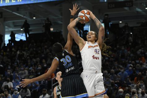 Brittney Griner shoots against Chicago Skys Azura Stevens during the first half of Game 4 of the WNBA Finals, on Oct. 17, 2021, in Chicago. 