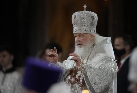 Russian Orthodox Church Patriarch Kirill conducts the Easter service in the Christ the Savior Cathedral in Moscow, Russia, April 24, 2022. Kirill has been removed from the latest round of European Union measures to punish Russia’s invasion of Ukraine at the insistence of Hungary.