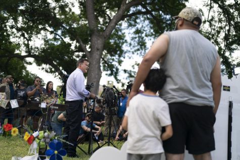 Texas state Sen. Roland Gutierrez speaks during a news conference at a town square in Uvalde, Texas, June 2. Gutierrez said the commander at the scene of a shooting at Robb Elementary School was not informed of panicked 911 calls from inside the school building.