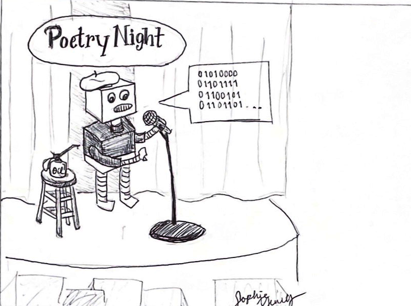 A robot is dressed like a Beatnik on a stage with a mic, performing. It says poem in binary code in a text box, and the stool next to him has an oil can for refreshment.
