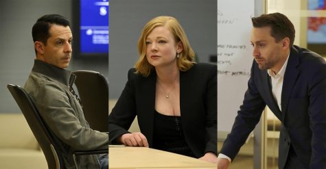 Jeremy Strong as Kendall Roy, Sarah Snook as Shiv Roy and Kieran Culkin as Roman Roy from the HBO series Succession.