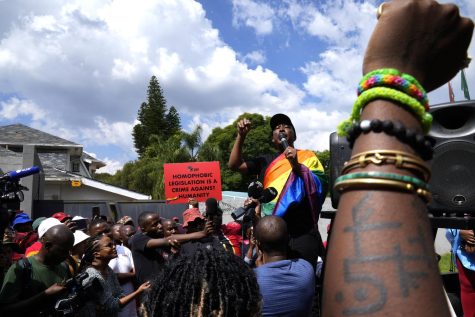 Economic Freedom Fighters leader Julius Malema speaks during the group's picket against Uganda's anti-homosexuality bill at the Ugandan High Commission