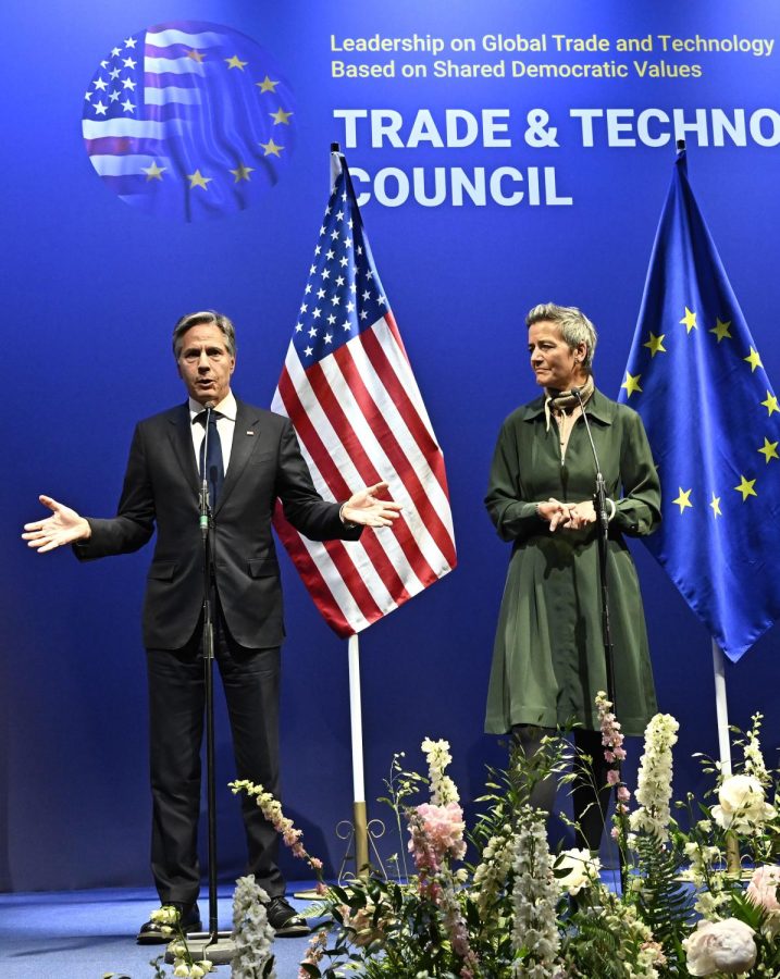US Secretary of State Antony Blinken and EU Commissioner for Competitiveness Margrethe Vestager during a final press conference at a Trade and Technology Conference, in in Lulea, Sweden, Wednesday, May 31, 2023. 
