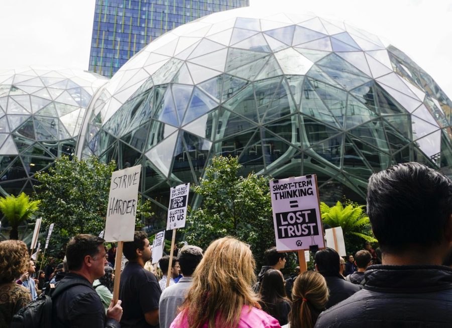 Amazon+corporate+workers+hold+picket+signs+in+front+of+the+Amazon+Spheres+while+participating+in+a+walkout+on+Wednesday+to+protest+the+companys+return-to-office+policies.