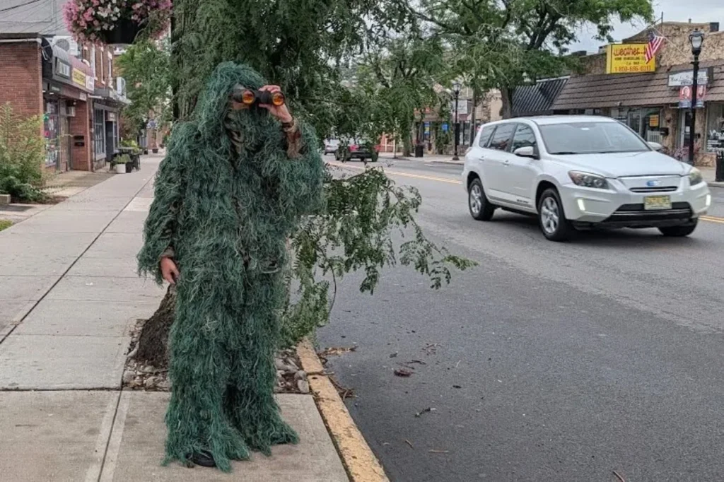 A New Jersey police officer wearing a shrub disguise during a distracted driving enforcement operation