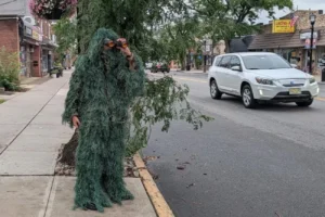 A New Jersey police officer wearing a shrub disguise during a distracted driving enforcement operation